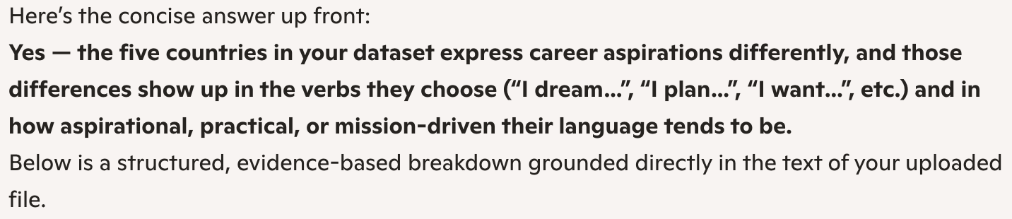 Copilot claiming the five countries express career aspirations differently, citing differences in verb choice ("I dream...", "I plan...", etc.) and how aspirational, practical, or mission-driven their language tends to be